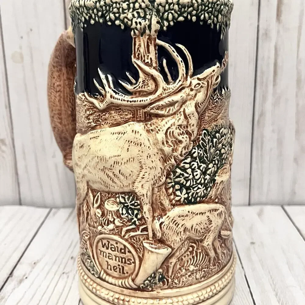 Vintage GERZ German BEER STEIN w/o Lid, Hunting Theme, Fox Handle... Beautiful